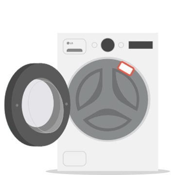 Menunjukkan mesin cuci/pengering dan lokasi stiker kode QR-nya.