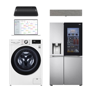 Immagine con diversi prodotti LG: soundbar, cassa, computer, lavatrice e frigorifero