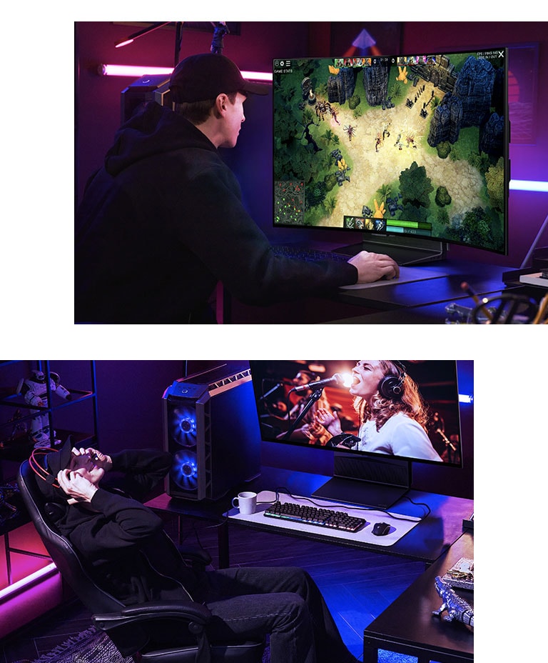 Un uomo che si china in avanti mentre si concentra sul gioco con lo schermo in posizione verticale e un uomo che si sdraia mentre guarda un video musicale con lo schermo inclinato verso di lui.