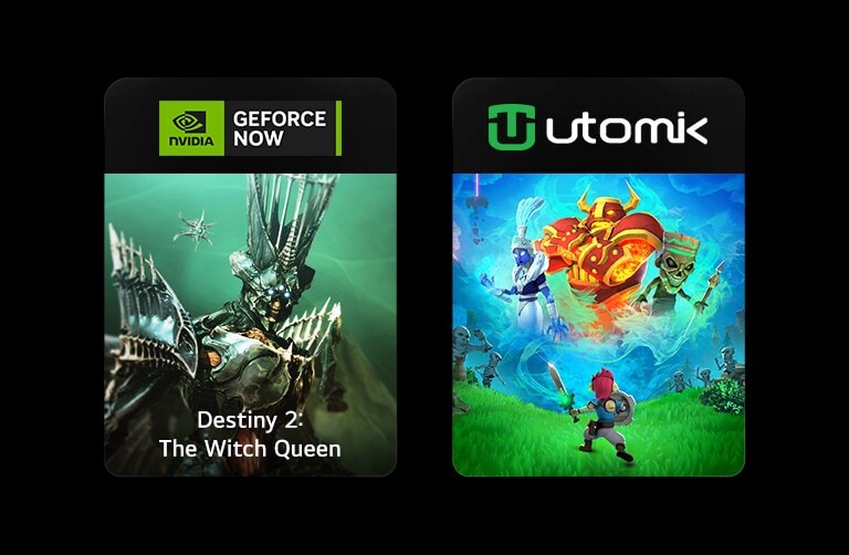 Ci sono due blocchi di immagini, ciascuno con il logo e le immagini di gioco di GeForce NOW e Utomik.