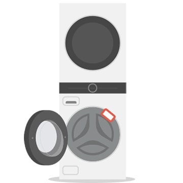 Показана стиральная машина WashTower™ и расположение стикера с QR-кодом.