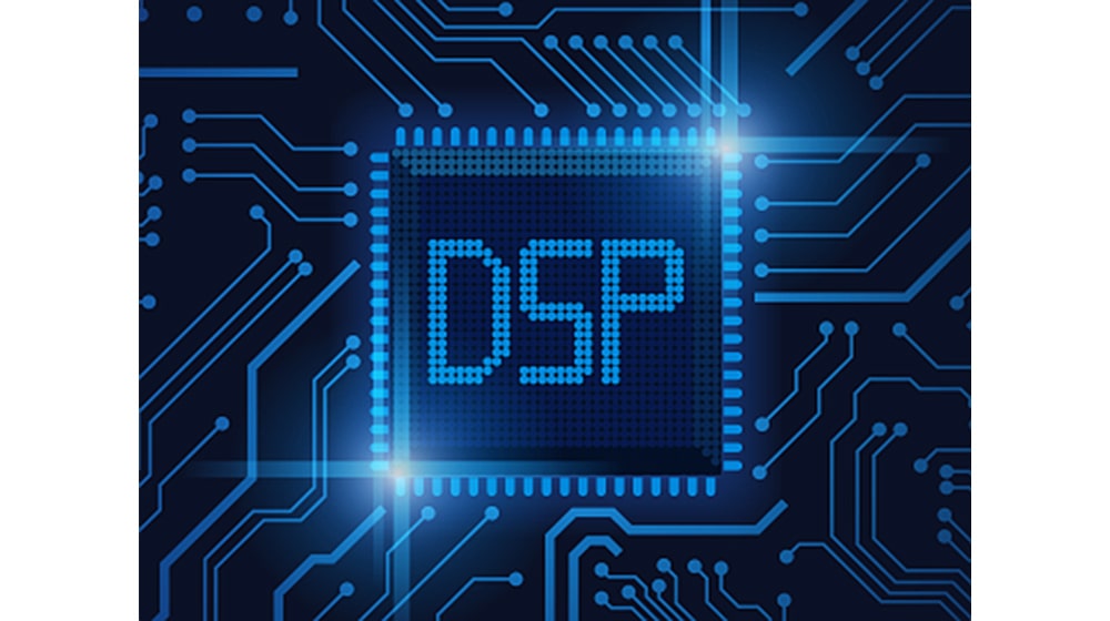 Ilustración DSP de una placa de circuito iluminada por luz azul.