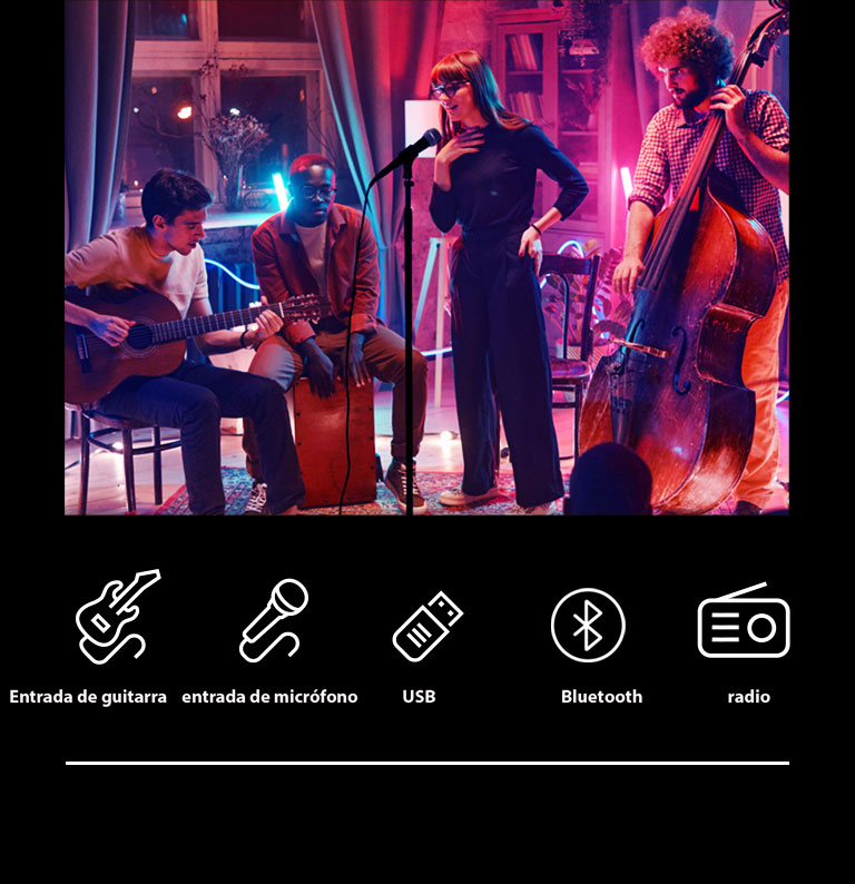 Una escena de concierto. Los íconos Guitar In, USB, Bluetooth y Radio se muestran debajo de la imagen.
