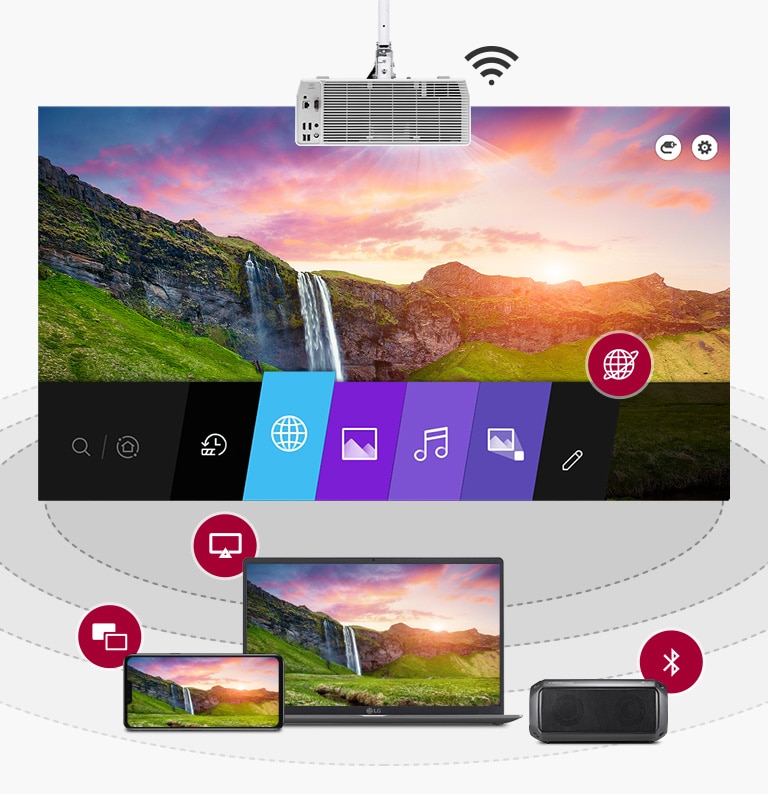 TV en vivo en el proyector conectado con otros dispositivos a través de duplicación, Miracast y emparejamiento Bluetooth.