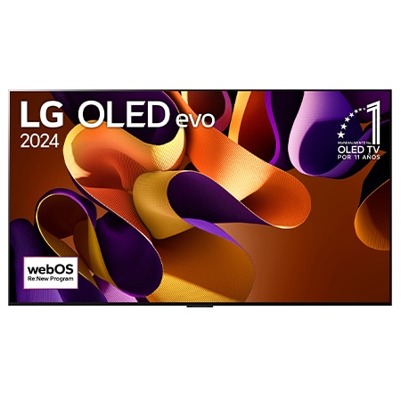 Vista frontal con LG OLED evo, Emblema OLED 11 años siendo el No.1 en el mundo, y logo de garantía de panel 5 años en la pantalla