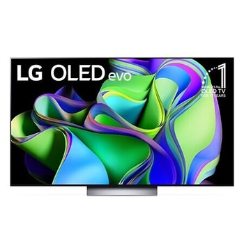 Vista frontal con LG OLED y Emblema 10 Años Marca OLED No.1 en el Mundo en la pantalla, así como la barra de sonido.
