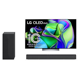 Vista frontal con LG OLED y Emblema 10 Años Marca OLED No.1 en el Mundo en la pantalla, así como la barra de sonido + vista frontal con woofer
