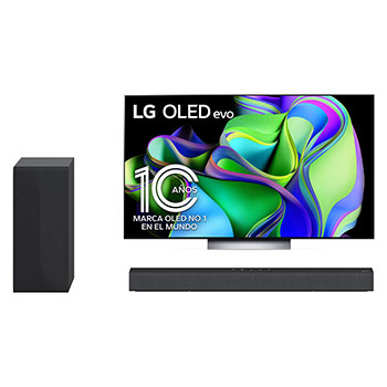 Vista frontal con LG OLED y Emblema 10 Años Marca OLED No.1 en el Mundo en la pantalla, así como la barra de sonido + vista frontal con woofer