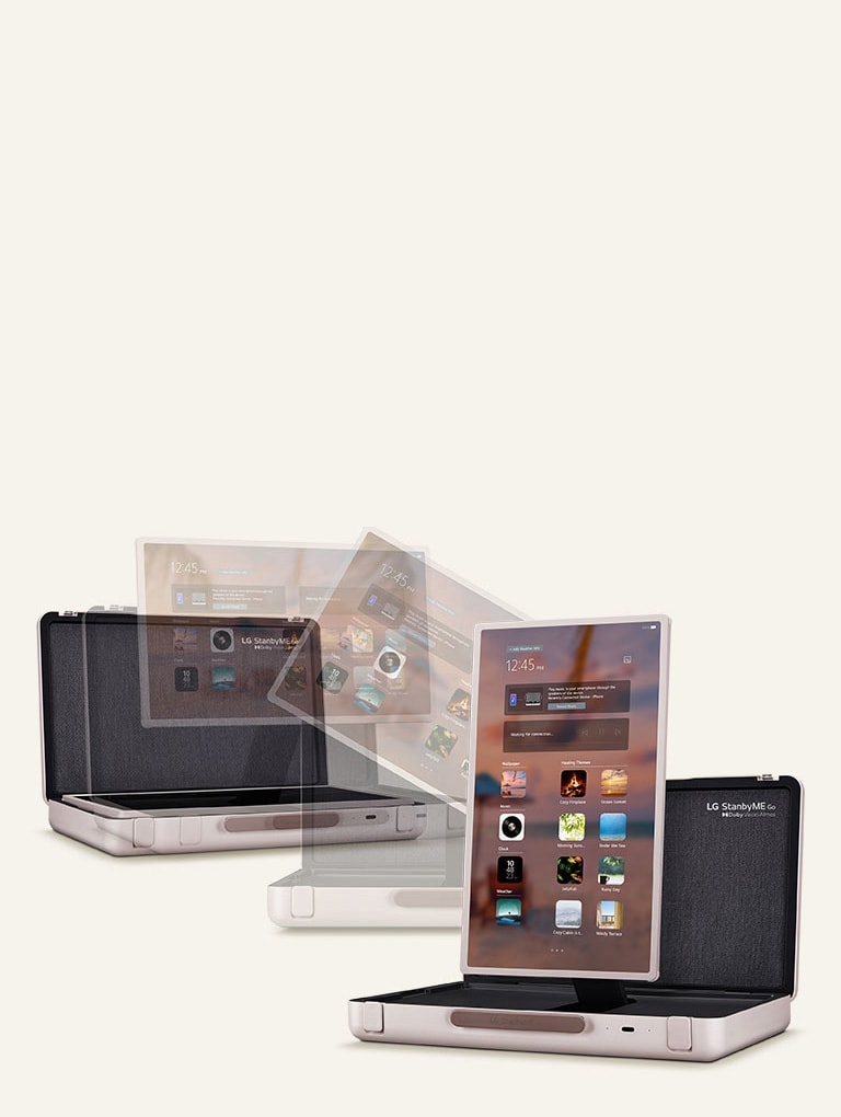Una imagen estroboscópica del LG StandbyME Go. A media que avanza hacia el lado derecho, la pantalla gira de horizontal a vertical.