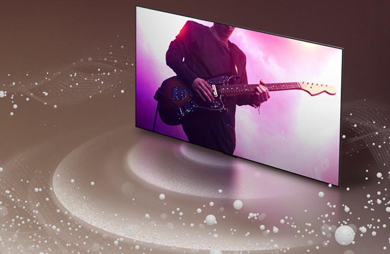Una imagen de un televisor LG OLED que muestra a un músico en la pantalla. Gráficos circulares brillantes rodean el televisor.