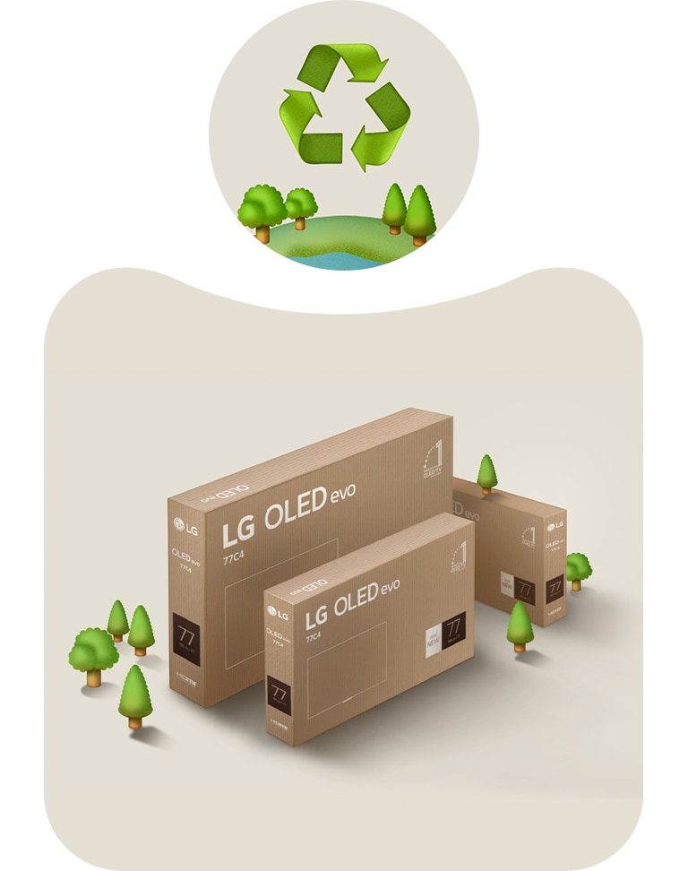 Una imagen del empaque de un LG OLED sobre un fondo beige con árboles ilustrados.