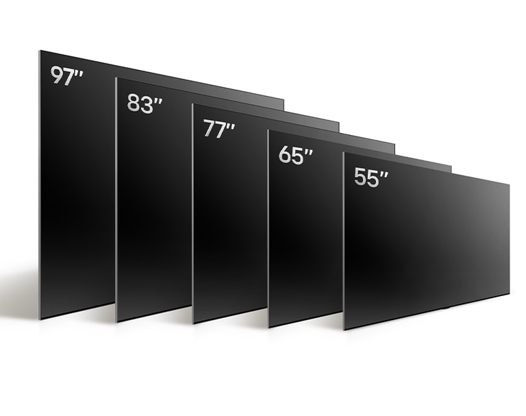 Una imagen comparando LG OLED G4 en variedad de tamaños, muestra 55", 65", 77", 83" y  97".