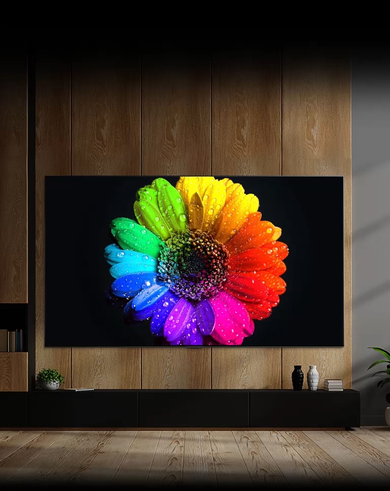 Las mini luces LED dentro del televisor se iluminan y llenan todo el monitor del televisor y al final se convierten en una flor muy colorida en el televisor.