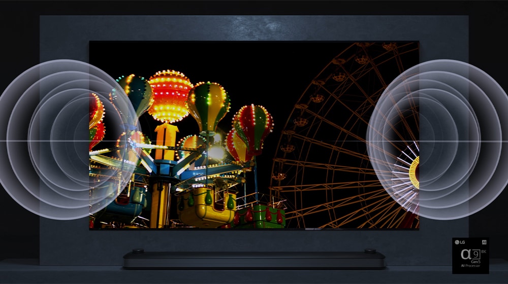 Una pantalla de TV muestra una rueda de la fortuna muy brillante en la noche y hay un efecto visual de sonido en el lado izquierdo y derecho de la TV.
