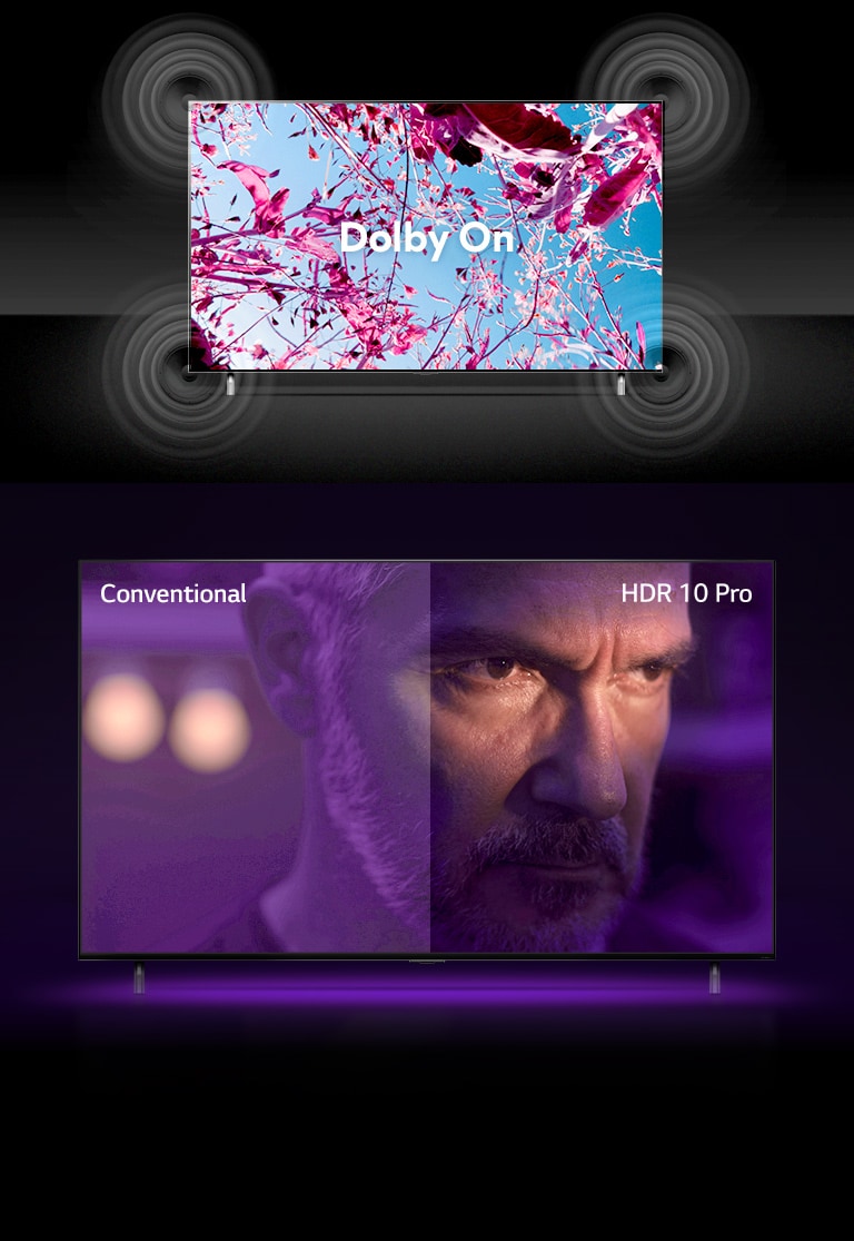 La pantalla de QNED TV muestra flores rosadas de colza en un campo de verano y el texto en el medio dice Dolby APAGADO. La imagen en pantalla se vuelve más brillante y el texto cambia a dolby on. Abajo, hay otro televisor QNED y hay un anciano que parece enojado en la pantalla. Una imagen en la pantalla del televisor se divide en dos partes. En la mitad izquierda de la imagen, el color parece opaco y menos vibrante, mientras que en la mitad derecha de la imagen se ve más vibrante con más colores. En la esquina superior izquierda dice "convencional", en la esquina superior derecha dice "HDR 10 PRO".
