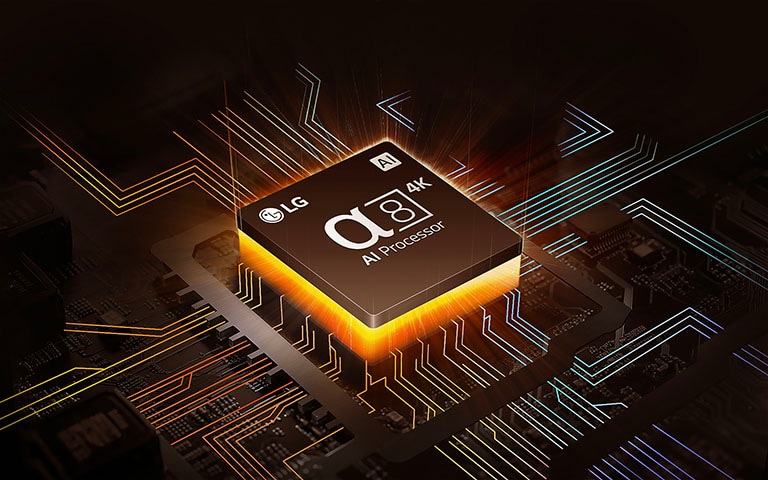 El procesador LG Alpha 8 AI 4K se muestra con una luz naranja que emana desde abajo, y y coloridas líneas de placa de circuito que se ramifican desde el procesador AI.