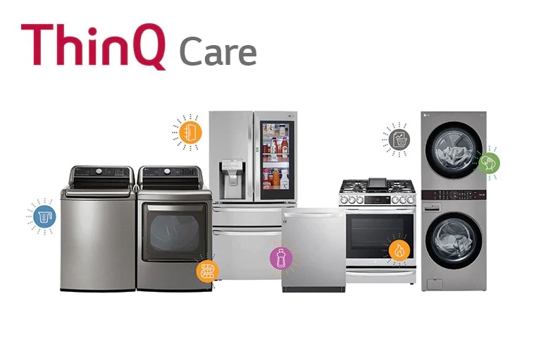 Esta imágen muestra varios electrodomésticos para el hogar, como lavadoras, refrigeradores, hornos, etc. con marcas ThinQ.