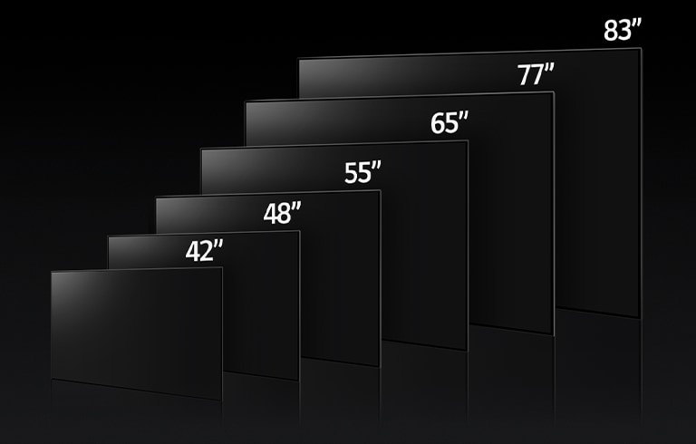 Una imagen que compara los distintos tamaños del LG OLED C3 mostrando modelos de 42", 48", 55", 65", 77", y 83".