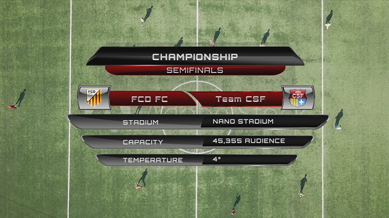 Una imagen de un juego de campeonato que muestra información sobre los diferentes equipos, el estadio, la capacidad y la temperatura.