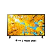 LG Pantalla LG UHD AI ThinQ 55'' UQ74 4K Smart TV, Una vista frontal del televisor LG UHD con la imagen de relleno y el logotipo del producto encima, 55UQ7400PSF