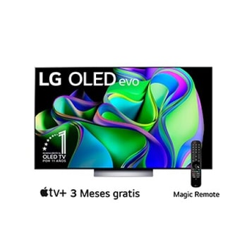 Vista frontal con LG OLED evo con el emblema «El mejor OLED del mundo por 10 años» y la barra de sonido abajo. 
