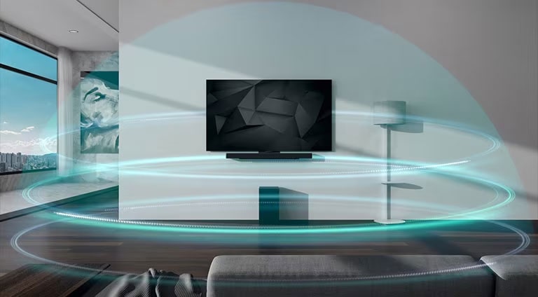 Ondas sonoras azuis em formato de cúpula de 3 camadas cobrem a barra de som e a TV montada na parede da sala de estar.