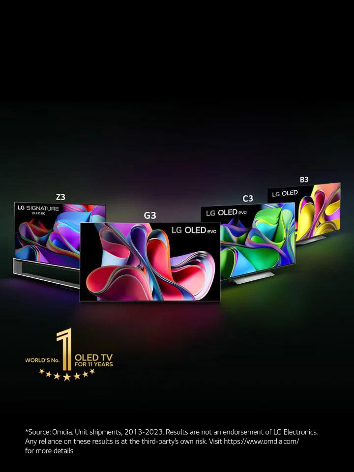 An image of the LG OLED lineup against a black backdrop standing in a triangle formation at angles with LG OLED G3 in the middle facing forward. Each TV shows a colorful and abstract artwork on screen. The "11 Years World's No.1 OLED TV" emblem is also in the image.