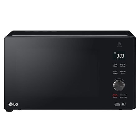 Front view of LG 25L Smart Inverter Microwave Oven, in black, MH6565DIS