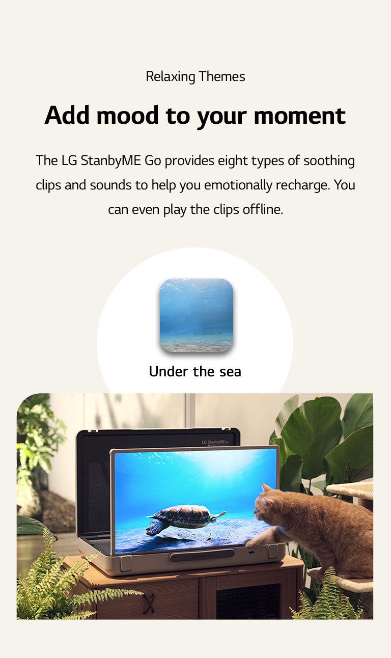 The LG StanbyME Go is placed in the garden, and the screen shows under the sea. In front of the screen a cat is sitting on a stool, trying to catch a turtle in the screen.