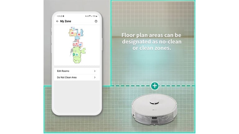 Use the ThinQ® App to designate a cleaning zone for focussed cleaning or set restricted areas
