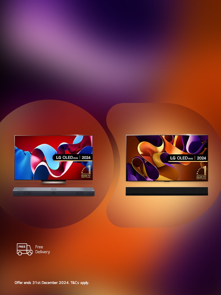 two lg oled tv screens with matching soundbars underneath in a semi circle over an abstract background  in dark and light brown and a free delivery icon