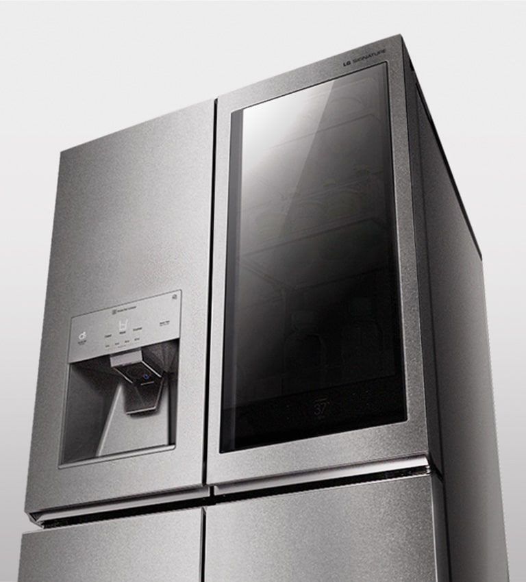 Upper body shot of LG SIGNATURE Refrigerator which emphasizes its textured steel finish material and black diamond glass.