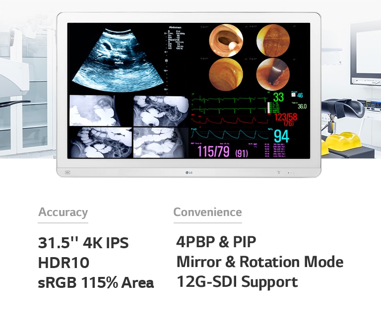 Accuracy:  31.5"" 4K IPS / HDR10 / sRGB 115% Area,  Convenience:  4PBP & PIP / Mirror & Rotation Mode / 12G-SDI Support