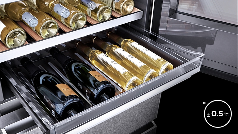 Red and white wines are placed on the LG SIGNATURE Wine Cellar's storage.