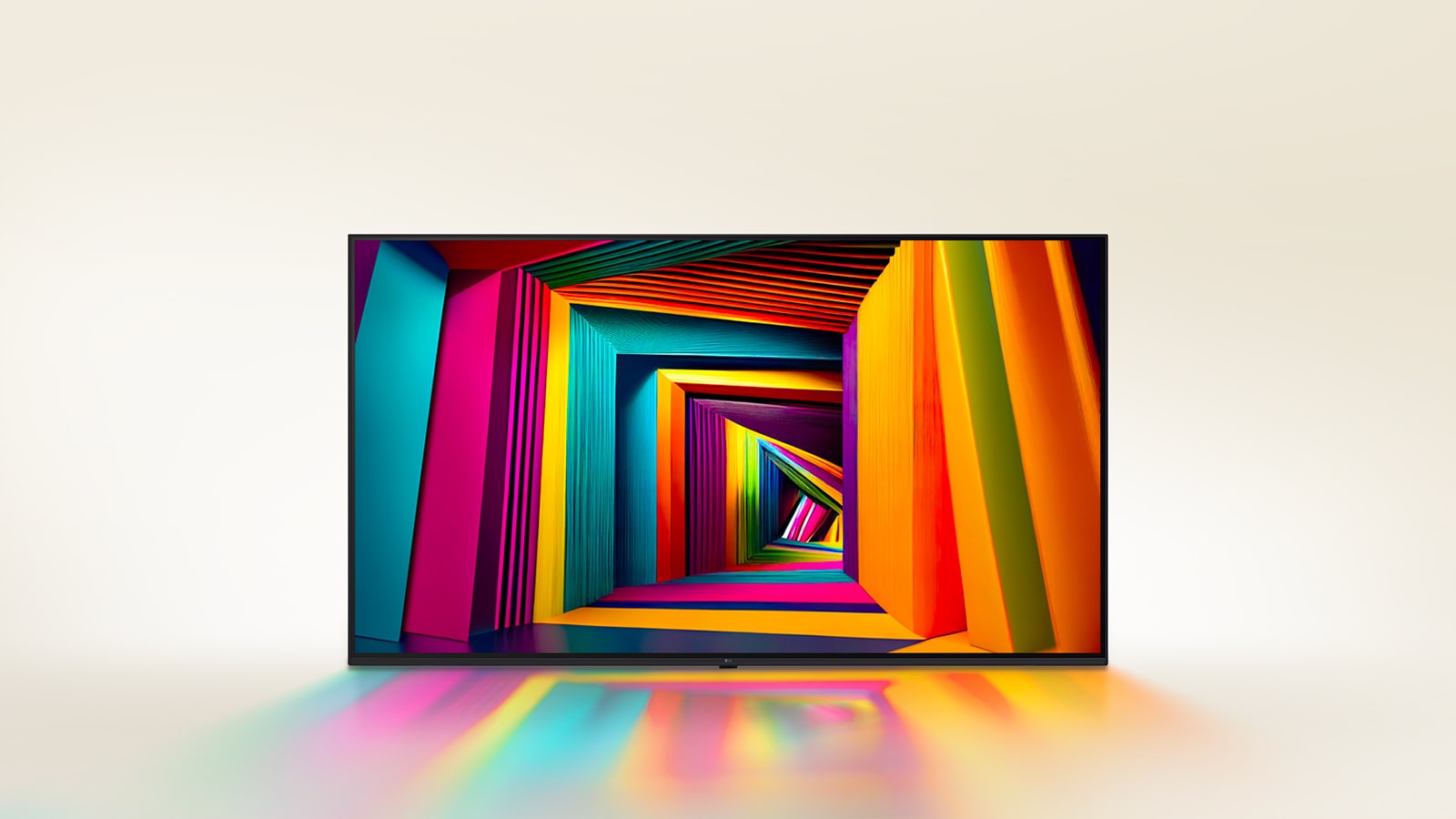 Pestrobarevný tunel čtvercového tvaru, který se směrem dozadu postupně zužuje, zobrazený na LG TV.
