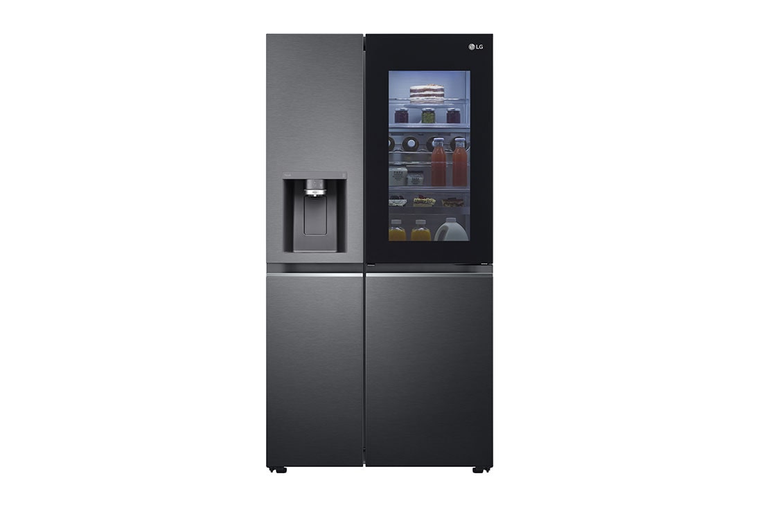 LG Americká chladnička LG | E | 635 l | Lineární kompresor | InstaView Door-in-Door™, pohled zepředu na obsah chladničky s aktivním prosvícením, GSXV90MCAE