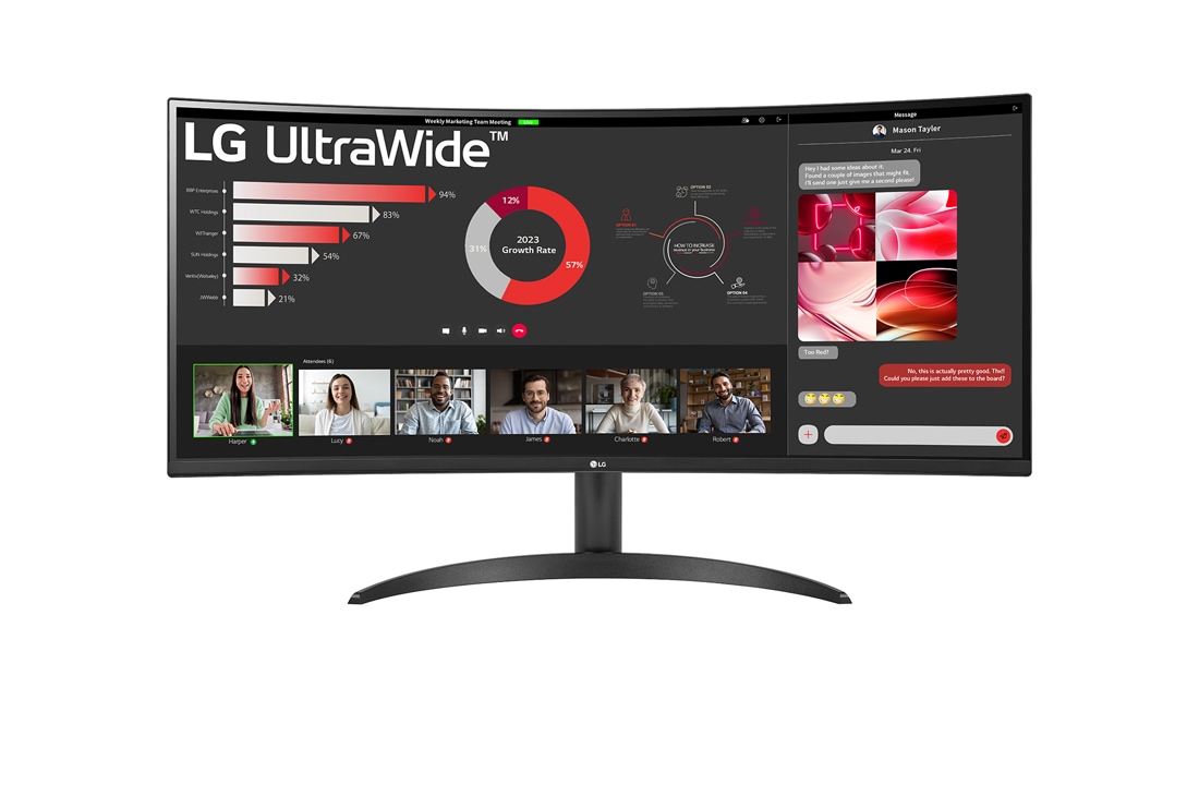LG 34'' zakřivený monitor 21:9 UltraWide™ QHD (3440 × 1440) s technologií FreeSync™, pohled zepředu, 34WR50QC-B