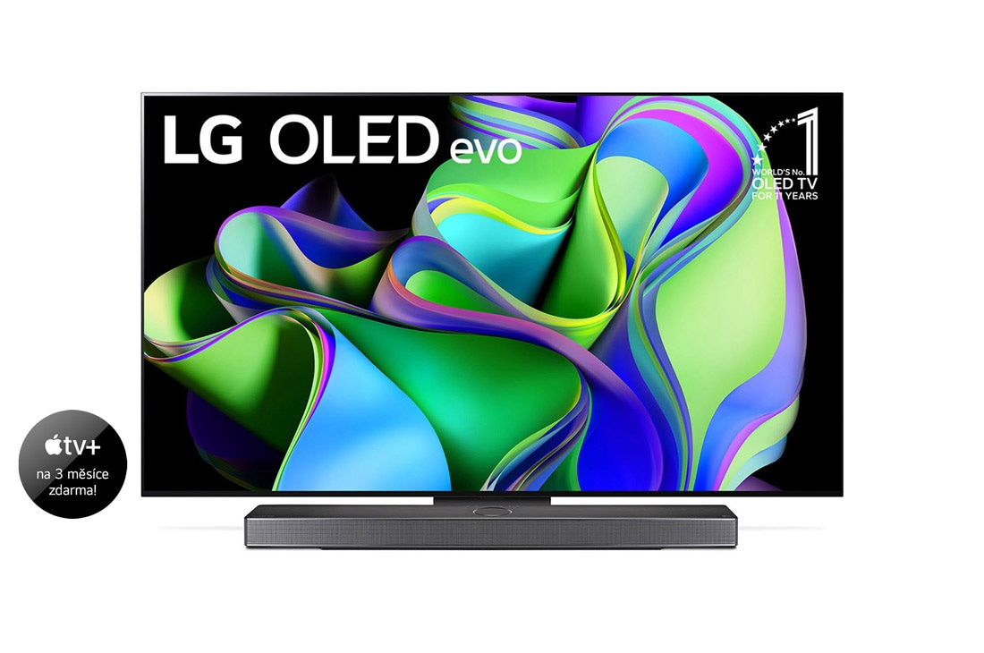 LG OLED evo C3 65'' 4K Smart TV 2023, Čelní pohled na LG OLED evo, odznáček s nápisem „10 let světová jednička mezi OLED televizory“ na obrazovce a soundbar pod ní. , OLED65C32LA