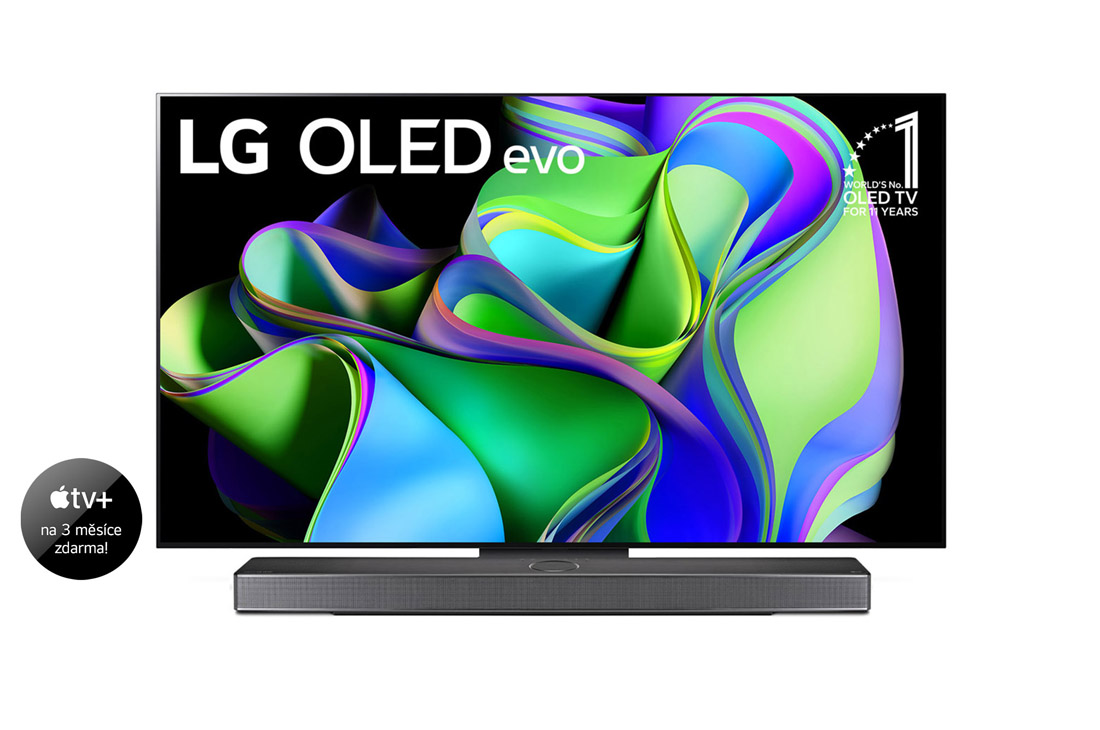 LG OLED evo C3 55'' 4K Smart TV 2023, Čelní pohled na LG OLED evo, odznáček s nápisem „10 let světová jednička mezi OLED televizory“ na obrazovce a soundbar pod ní. , OLED55C31LA