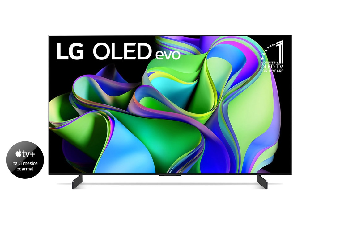 LG OLED evo C3 42'' 4K Smart TV 2023, Pohled zepředu na LG OLED evo a odznáček s nápisem „10 let světová jednička mezi OLED televizory“ na obrazovce., OLED42C31LA