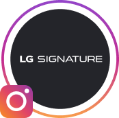Das LG SIGNATURE Logo auf schwarzem Hintergrund, umgeben von einem Kreis mit dem Instagram Logo.