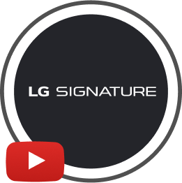 Das LG SIGNATURE Logo auf schwarzem Hintergrund, umgeben von einem Kreis mit dem YouTube-Logo.