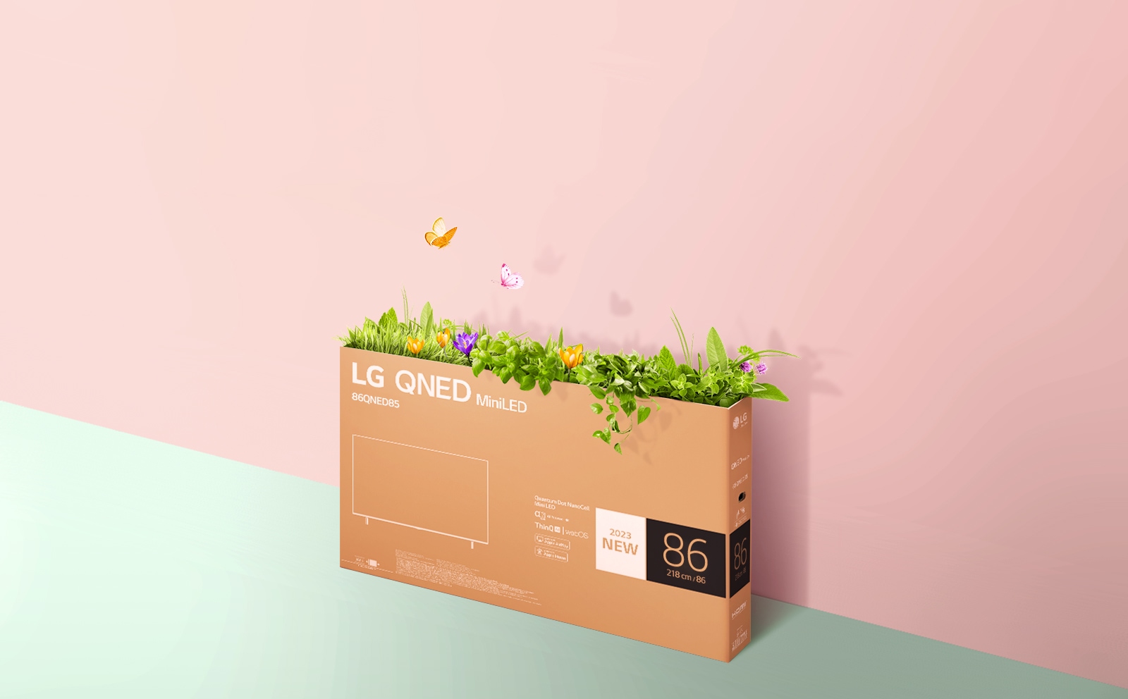 En emballage til QNED er placeret på en lyserød og grøn baggrund. Græsset vokser, og sommerfuglene flyver ud af pakken.