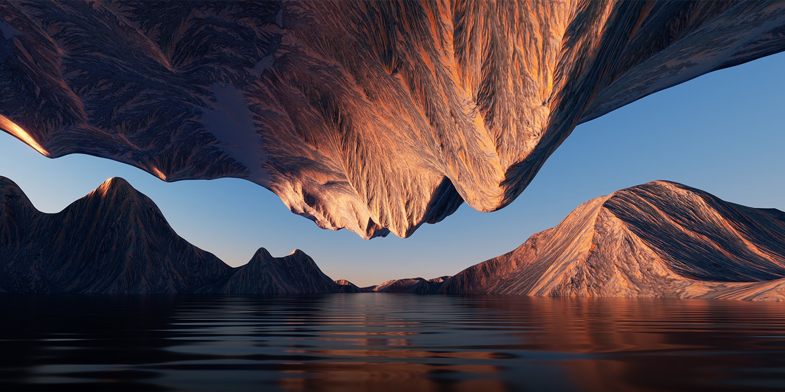 Det naturlige billede af bjergtoppene, der mødes over og under hinanden oppefra og ned, viser kontrast og detaljer.