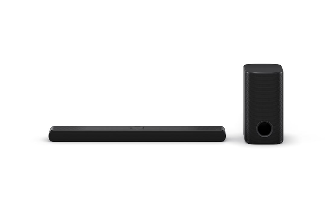 LG Soundbar med Dolby Atmos 3.1.3ch til dit TV NS77TY, Visning forfra af LG Soundbar S77TY og bashøjttaler, NS77TY