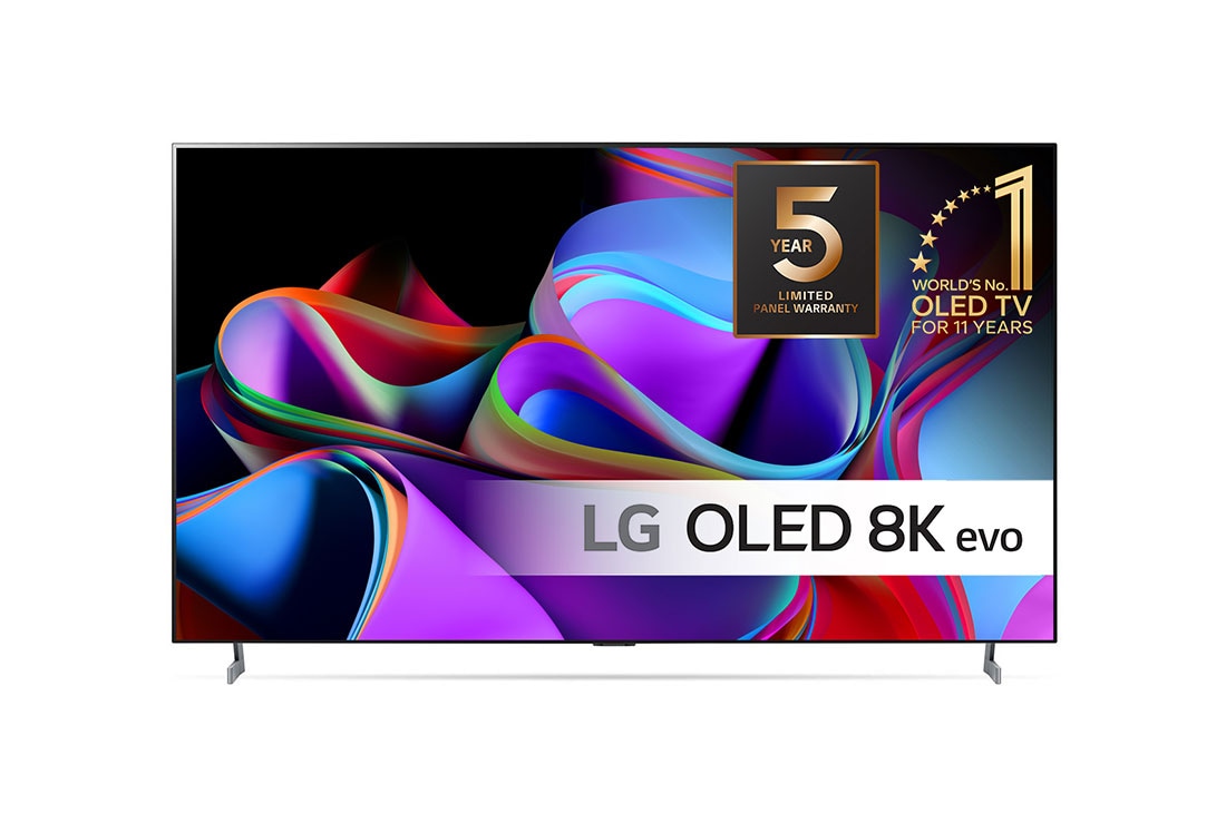 LG 77'' OLED evo Z3 - 8K TV (2023), Vist forfra med LG OLED 8K evo, 11 Years World No.1 OLED-emblem og 5-Year Panel Warranty-logoet på skærmen., OLED77Z39LA