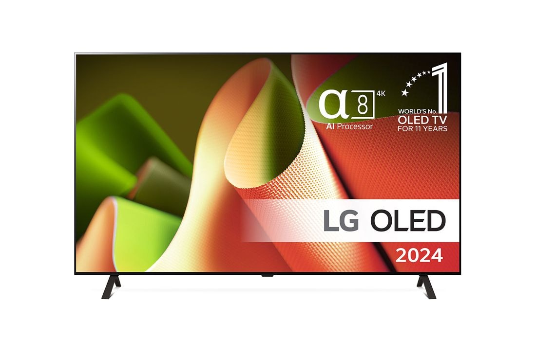LG 77'' OLED B4 - 4K TV (2024), Set forfra med LG OLED TV, OLED B4, 11 Years of world number 1 OLED Emblem og alpha 8 4K AI processor logo., OLED77B46LA
