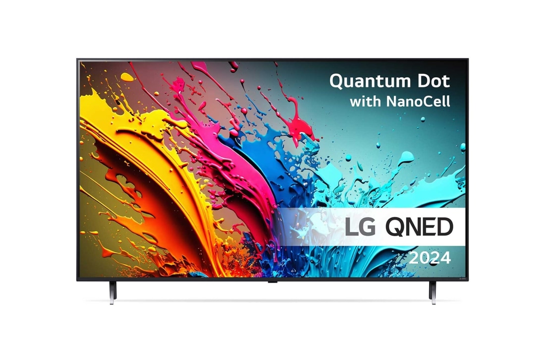 LG 50'' QNED 85 - 4K Smart TV (2024), LG QNED TV, QNED85 set forfra med tekst fra LG QNED, Quantum Dot med NanoCell og 2024 på skærmen, 50QNED85T6A