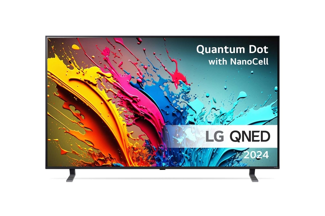 LG 65'' QNED 85 - 4K Smart TV (2024), LG QNED TV, QNED85 set forfra med tekst fra LG QNED, Quantum Dot med NanoCell og 2024 på skærmen, 65QNED85T6C