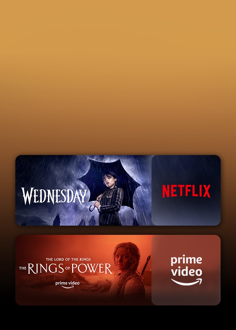 Les logos de plateformes de services de streaming et les séquences correspondantes se trouvent juste à côté de chaque logo. On peut voir des images de Mercredi sur Netflix et du Seigneur des Anneaux : Les Anneaux de Pouvoir sur PRIME VIDEO.